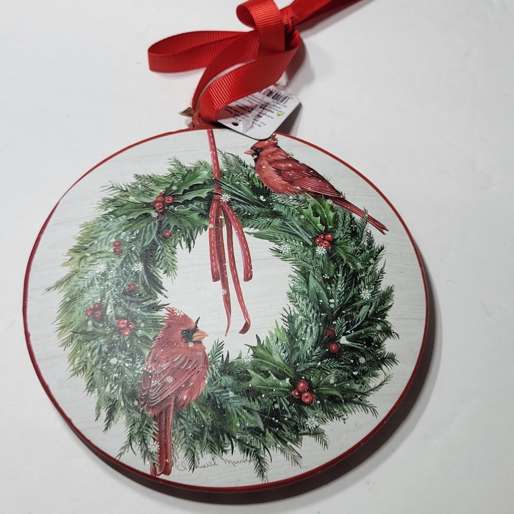 Red Birds on a Holiday Wreath Cardinal Ornament Vintage Style Wall Deco